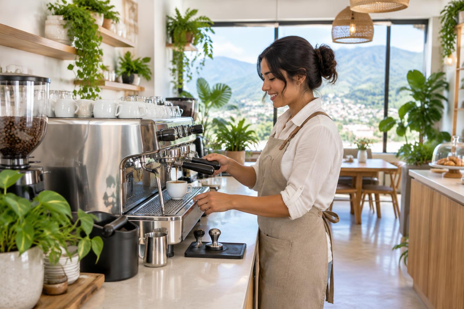 Imagen ilustrativa de una barista preparando espresso en una cafetería