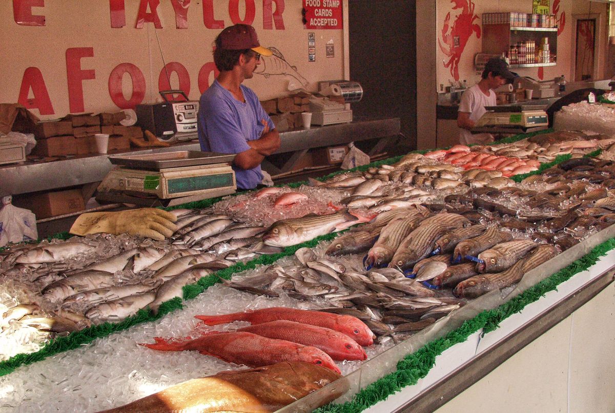 Pescado fresco exhibido sobre hielo en un mercado de mariscos